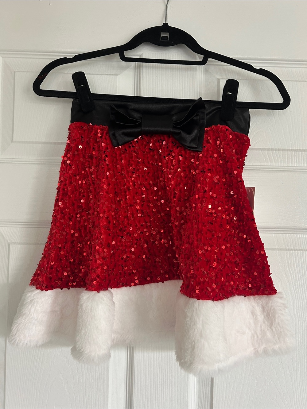Girls Red Sequin Holiday Skirt with Faux Fur Trim